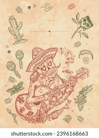 Mariachi skeleton wearing sombrero and playing guitar vertical background. Mexican culture frame. Old paper vector. Cover page template