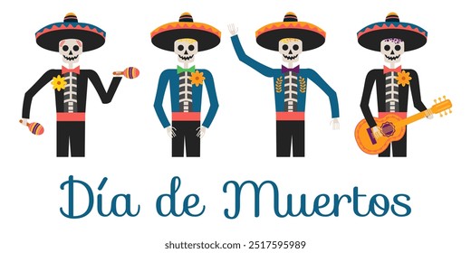 Mariachi skeletons play musical instruments. Vector illustration of sugar skull