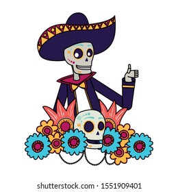 mariachi skull with floral decoration comic character vector illustration design