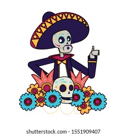mariachi skull with floral decoration comic character vector illustration design