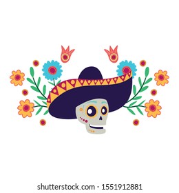 mariachi skull with flowers comic character vector illustration design