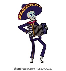 mariachi skull playing accordion comic character vector illustration design