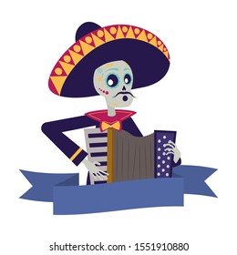 mariachi skull playing accordion comic character vector illustration design