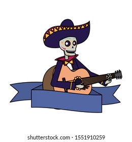 mariachi skull playing guitar comic character vector illustration design