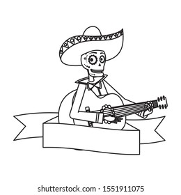 mariachi skull playing guitar comic character vector illustration design
