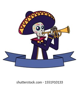 mariachi skull playing trumpet comic character vector illustration design