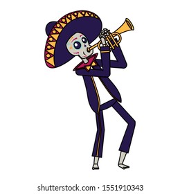 mariachi skull playing trumpet comic character vector illustration design