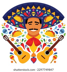 Mariachi - smiling mexican musician. Latino fiesta concept. Sombrero, tacos, guitars, flaming heart, chili pepper, flowers, maracas. Modern minimalist illustration with vibrant colors.