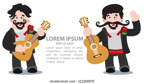 Mariachi in a sombrero with a guitar. Two dark haired man in festive costumes.
