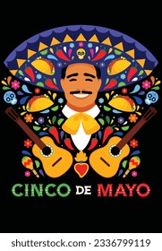 Mariachi, Sombrero, Takos, Gitarren, Flammenherz, Jalapeno, Blumen, Maracas. Cinco de mayo Poster mit lächelndem mexikanischen Musiker. Moderne minimalistische Illustration mit schwarzem Hintergrund.