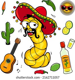 Mariachi tequila worm and Mexican collection. Vector illustration set