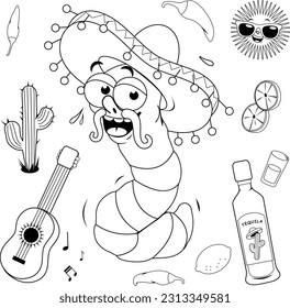 Mariachi tequila worm and Mexican collection. Vector black and white coloring page.