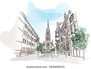 Mariacka street and Church of Immaculate Conception of Blessed Virgin Mary in Katowice. Poland, vector illustration