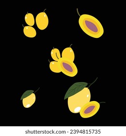 Marian Plum entero fruta y media. Icono de Bouea macrophylla, gandaria, maprang o plum mango. Ilustración vectorial de frutos exóticos tropicales en estilo plano.