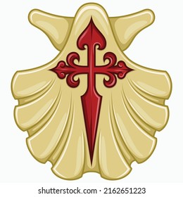 Marian Shell Vektordesign mit dem Kreuz des Apostels Santiago, Symbol des Camino de Santiago de Compostela, Kreuz der Ordnung von Santiago