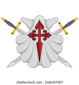 Marian shell vector design with the cross of the apostle Santiago, symbol of the Camino de Santiago de Compostela, cross of the order of Santiago