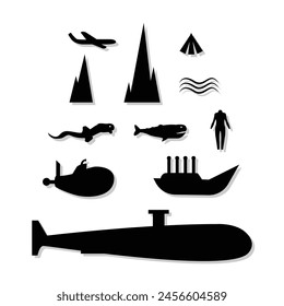 Mariana trench sea life objects primitive organisms in dark deep water silhouette icons