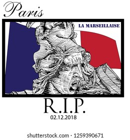 Marianne is the symbol of France, a detail of the bas-relief of La Marseillaise, an exhibit of the interior decoration of the Arc de Triomphe destroyed by vandals on December 2, 2018. Paris  France