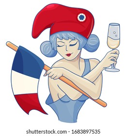 Marianne, symbol of France with a glass of french wine. A girl with a liberty cap of French revolution and a flag of France. Great for national day or Bastille Day.