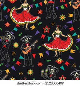 Mariarchi performance colorful vintage seamless pattern with mustached skeleton musician in sombrero and charro outfits, dancing woman against flag garlands and decorative ornaments, vector