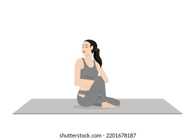 Marichi Pose D, Seated Spinal Twist. Beautiful girl practice Marichyasana D. Young attractive woman practicing yoga exercise. working out, black wearing sportswear, grey pants and top, indoor full