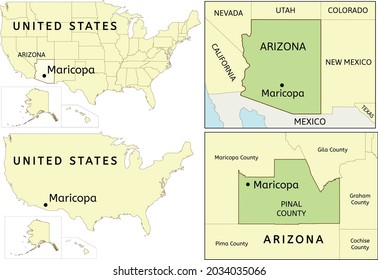 Maricopa city location on USA, Arizona state and Pinal County map
