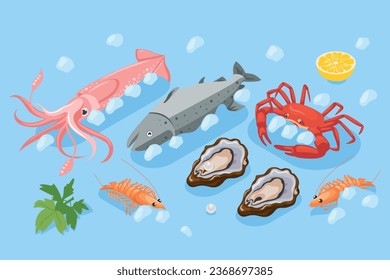 Mariculture abstract colored composition consisting of fresh fish lobster mussels crab shrimp isometric vector illustration