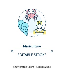 Mariculture concept icon. Shellfish production. Seafoods growing process. Luxury meals. Aquaculture idea thin line illustration. Vector isolated outline RGB color drawing. Editable stroke