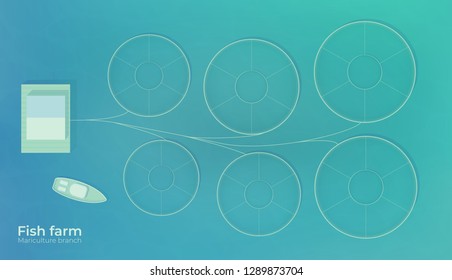 Mariculture. Fish Farm In Open Sea Water In Special Protected Ponds. Production For Growing And Fishing In The Ocean. Vector Top View Illustration.