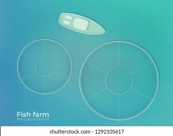 Mariculture. Fish farm in open sea water in special protected ponds. Production for growing and fishing in the ocean. Vector top view illustration.