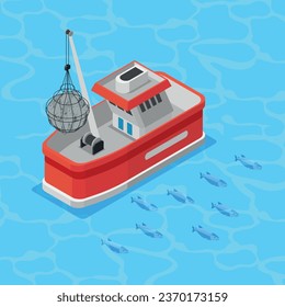 Mariculture industry isometric background with fishing boat and shoal of sea fish in clear water vector illustration