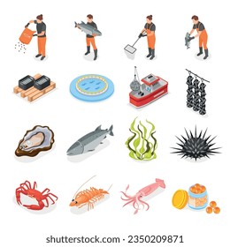 Mariculture set with isometric icons of sea food and human characters of workers on blank background vector illustration