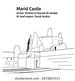 Marid Castle in Dumat al Jandal, Saudi Arabia. outline artline
