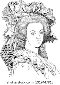 Marie Antoinette (1755-1793) portrait in line art illustration. She was the last queen of France who helped provoke the unrest that led to the French Revolution.