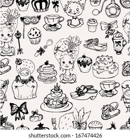 Marie Antoinette Doodle Seamless Pattern