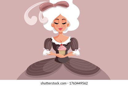 Marie Antoinette Holding A Cupcake Vector Cartoon Illustration. Beautiful Aristocratic Woman Craving Cake Desert 
