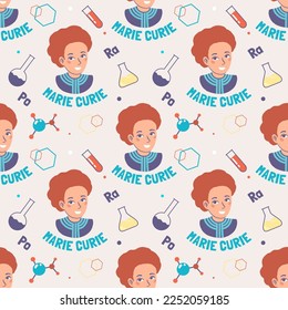 Marie Curie cartoon portrait with laboratory items, seamless pattern with hand drawn vector illustrations