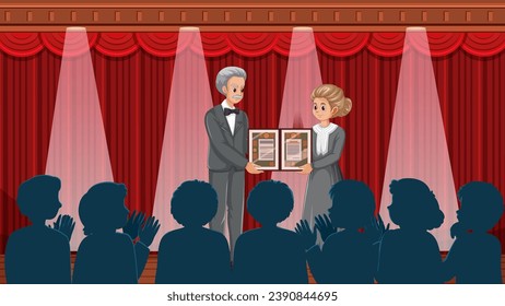 Marie Curie, depicted in a vector cartoon style, is awarded the Nobel Prize under a limelight curtain on stage