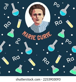 Marie Curie portrait and laboratory equipment, seamless pattern with hand drawn vector illustrations