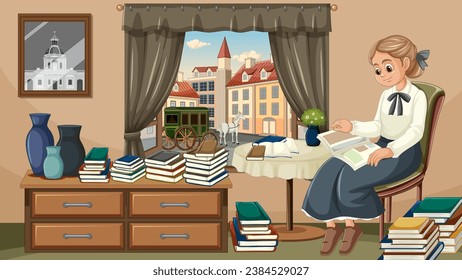 Marie Curie, a woman cartoon character, studying in a living room surrounded by numerous books on the shelf