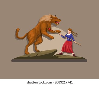 Marie jeanne with Gevaudan monster werewolf mythology creature from France Europe illustration vector