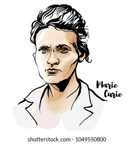 Marie Sklodowska Curie watercolor vector portrait with ink contours. The first woman to win a Nobel Prize.