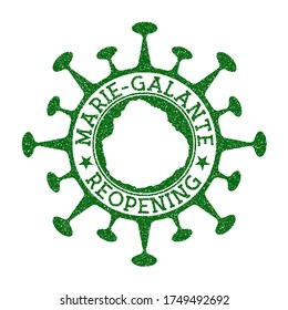 Marie-Galante Reopening Stamp. Green round badge of island with map of Marie-Galante. Island opening after lockdown. Vector illustration.