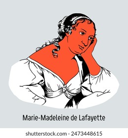 Marie-Madeleine de Lafayette fue una escritora francesa conocida por sus novelas. Ilustración vectorial dibujada a mano