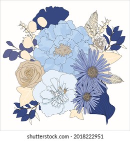 Marigold, aster, common rose and rose of sharon composition and varied foliage in shades of light blue and cream. Floral vector illustration. Cover art, Wedding design clip art. Outline and flat color