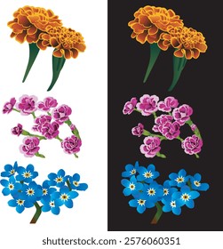 marigold, blue flowers, orange flower hand drawings