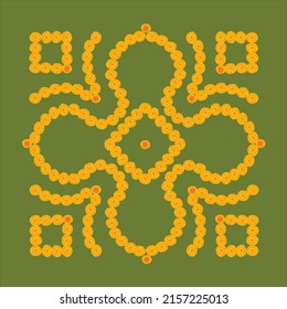 Marigold floral decoration design in orange color , traditional floral rangoli on sap green background.