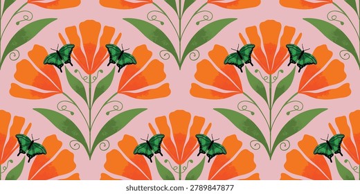 Marigold flower and butterflies horizontal vector seamless pattern