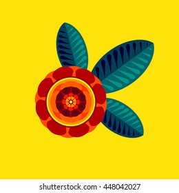 Marigold flower. Calendula officials. Vector abstract plant isolated flat icon, logo, badge, design elements. Mexican, Indian, french motifs. Botanical illustration.