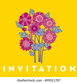 marigold flower card template design. aster floral decorative vector illustration. fall blossom in violet colors motif. summer flowers rustic peasant style element